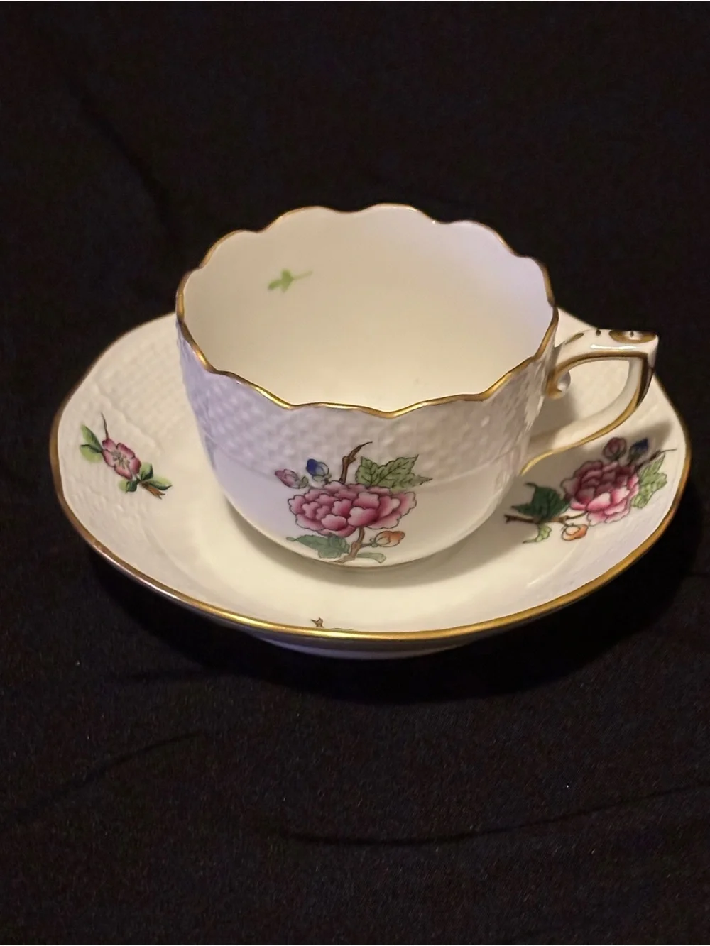 Vintage Herend ETON Demitasse Porcelain Teacup and Saucer. Pink Floral Pattern